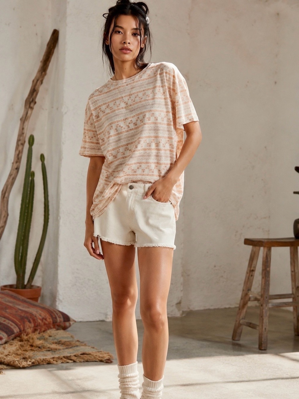 We The Free ‘Nina’ Oversized Short-Sleeve Tee in “Boheme” Print Cream Size XS